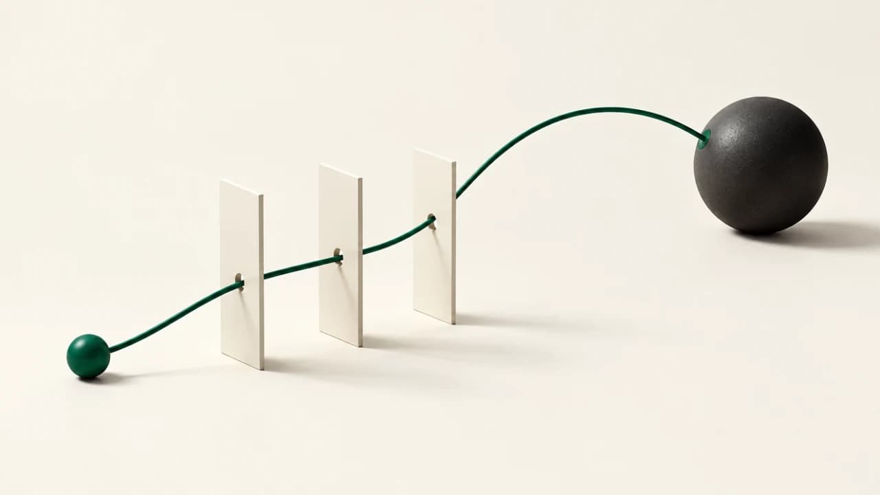 An emerald connection threads through three ivory plates and reaches a separate charcoal sphere.