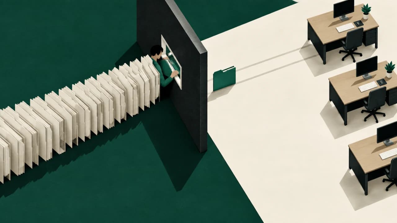 A queue of folders reaches one occupied workstation, with empty desks beyond it.