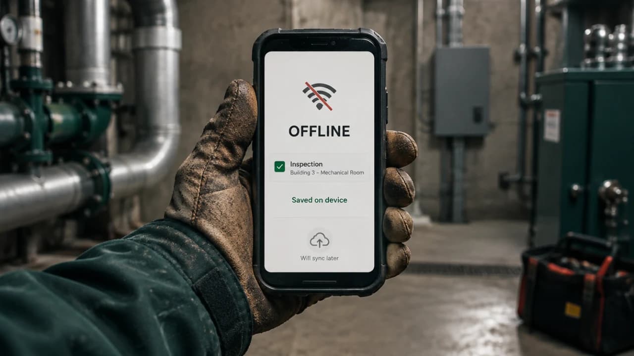 A field worker holds a phone marked OFFLINE with an inspection saved on device and marked to sync later.