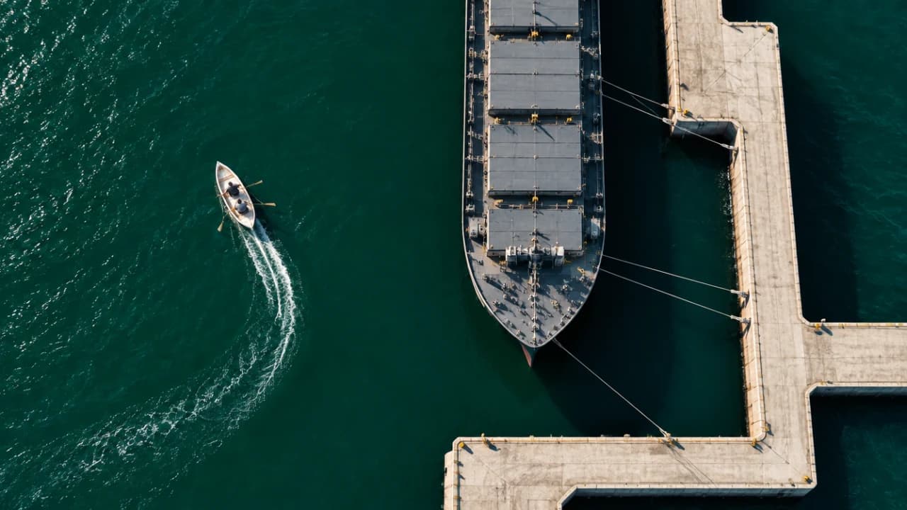 Two people in a small boat take a direct course beside a much larger tethered cargo ship.