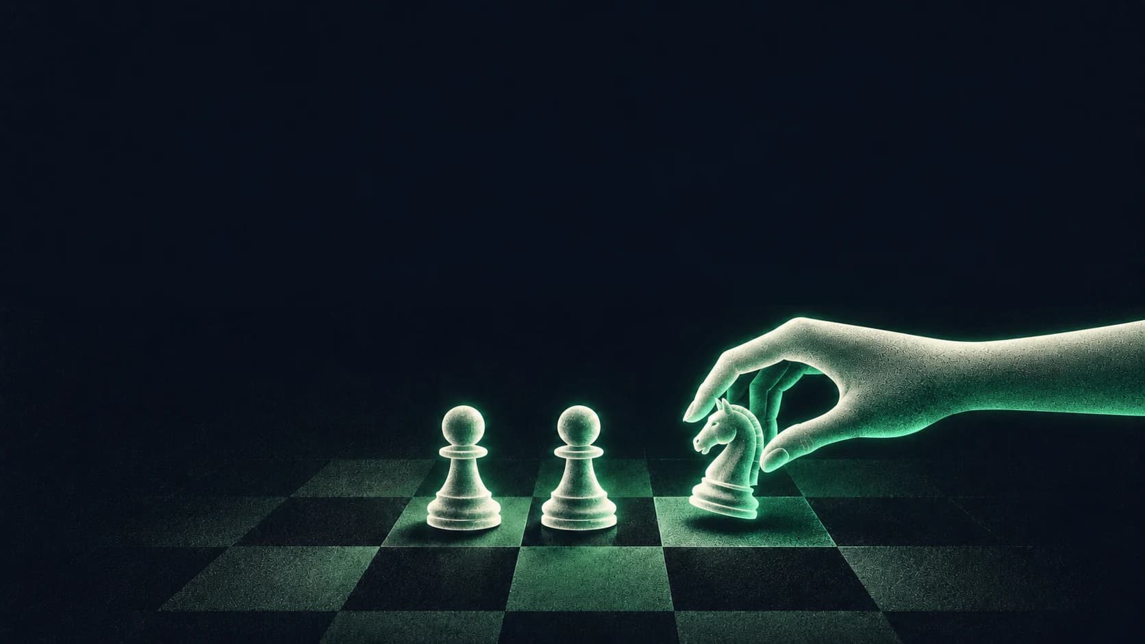 A frosted hand holds a knight beyond two pawns on a compact chessboard.